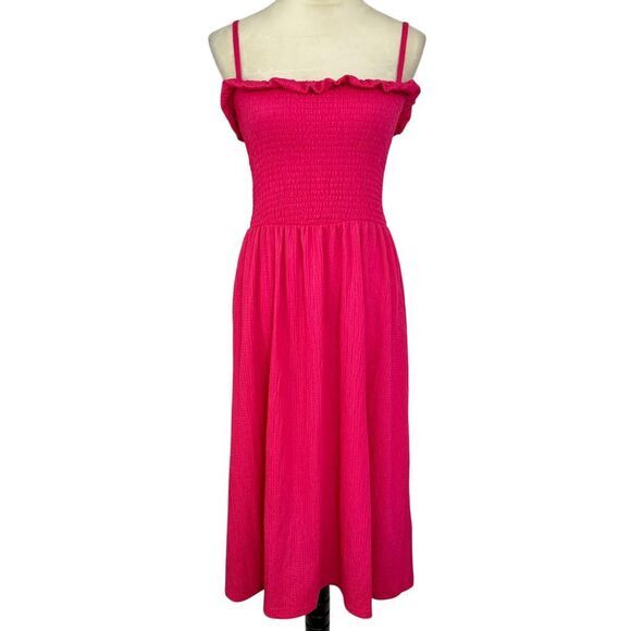 H&M Hot Pink Smocked Midi Dress Ruffle Trim Spaghetti Strap Sundress Women Large - Picture 1 of 6